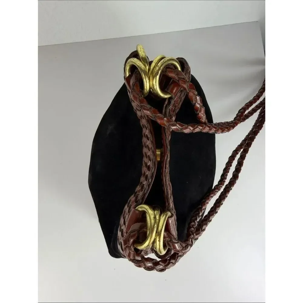 LJS Collection Black Suede Brown Leather Braided Shoulder Bag Vintage